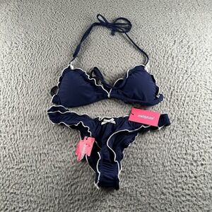 Edikted Bikini Womens M/XS Navy Ruffle Trim Two Piece Tie Halter White Piped NWT